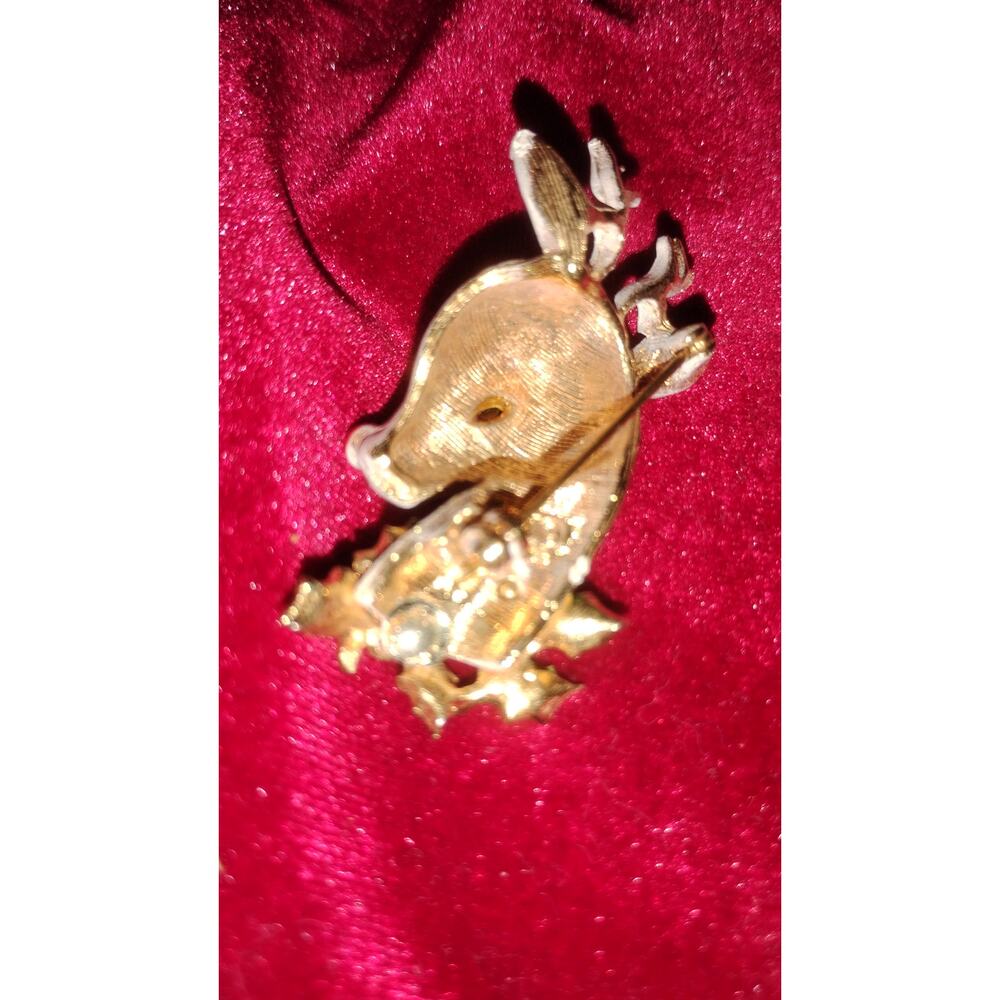 Vtg Signed ART Rudolph Reindeer Christmas White Green Brooch Enamel & Rhinestone - Picture 2 of 3